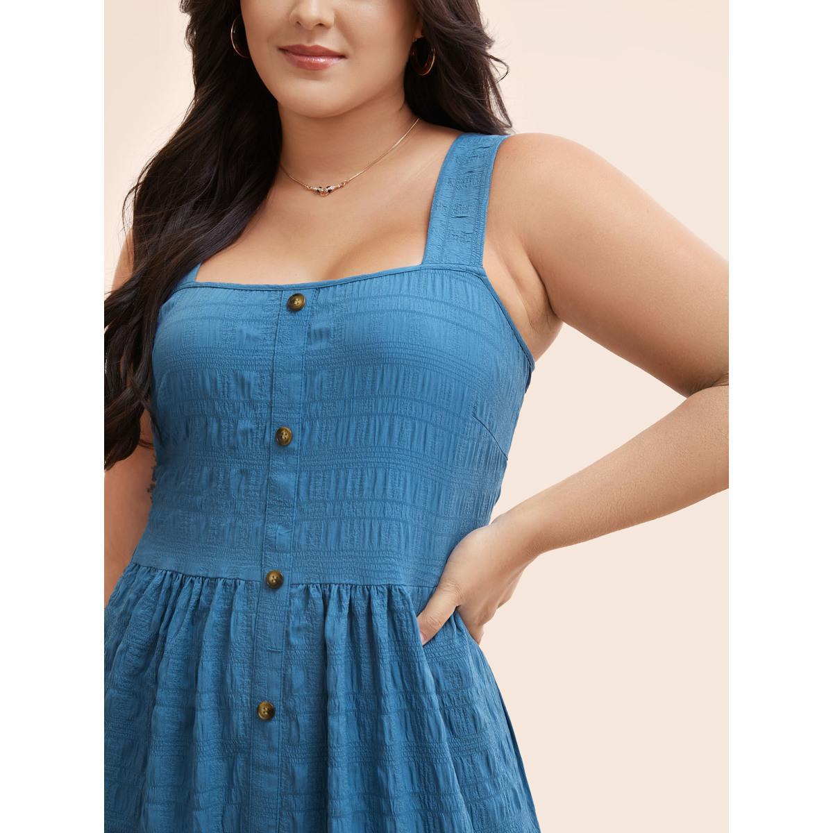 Plus Size Textured Button Detail Ruffle Layered Hem Dress Mediumblue Women Elegant Woven ribbon&lace trim Square Neck Sleeveless Curvy BloomChic 30/6X Product Image