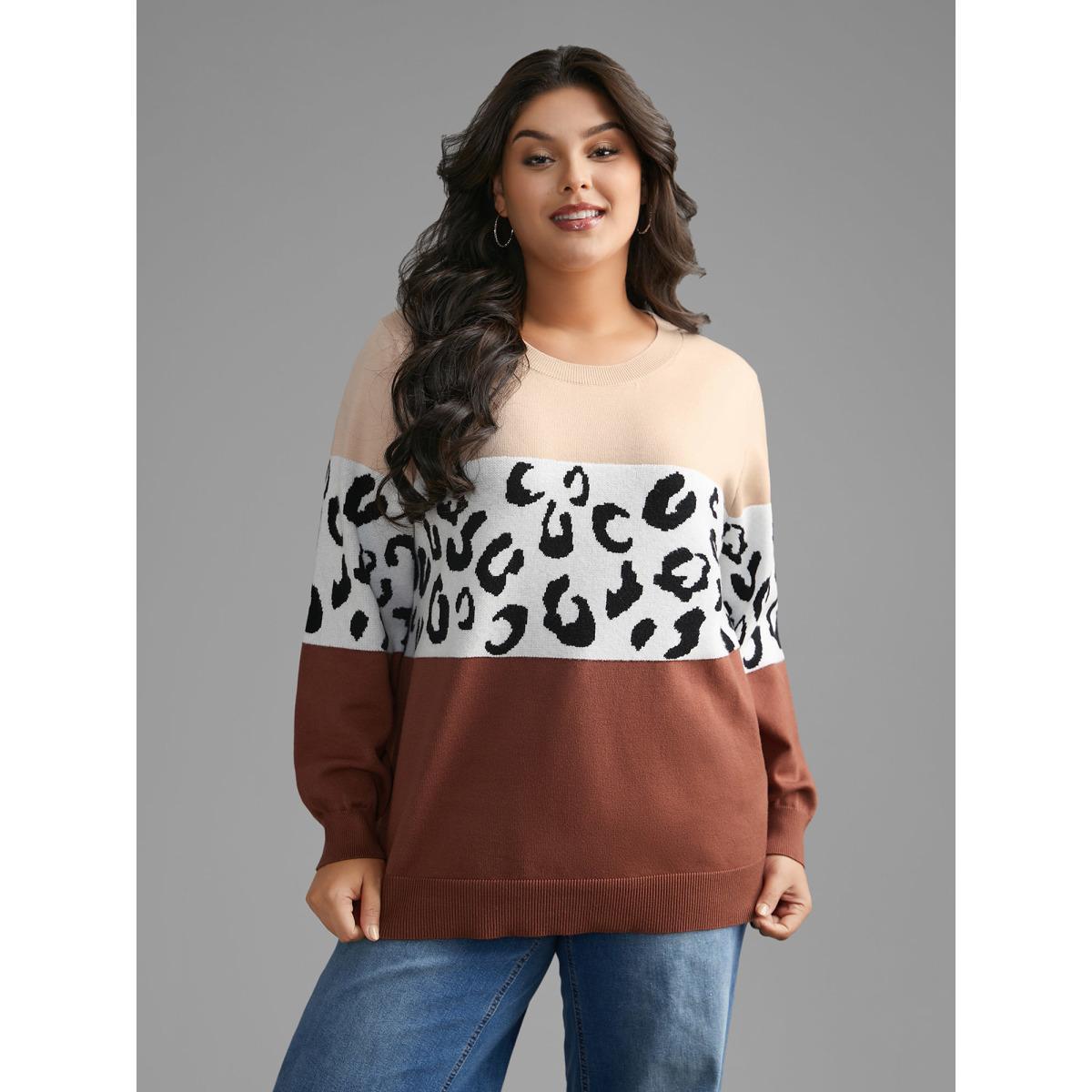 Plus Size Crew Neck Leopard Print Contrast Pullover Browncoffeecolor Women Casual Loose Long Sleeve Round Neck Everyday Pullovers BloomChic 12/L Product Image