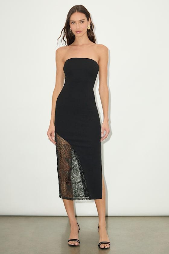 Rhosyn Black Crepe Embroidered Strapless Midi Dress Product Image