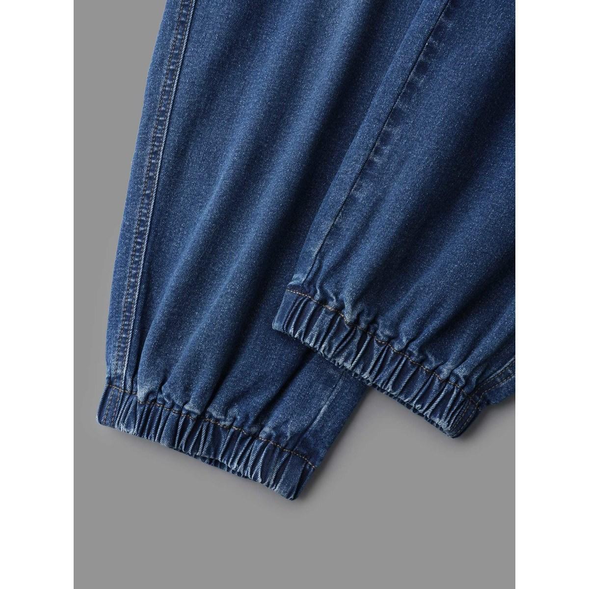 Plus Size Elastic Cuffs Adjustable Waist Straight Jeans Women Midblue Casual Button Medium stretch Slanted pocket Jeans BloomChic 22/3X Product Image