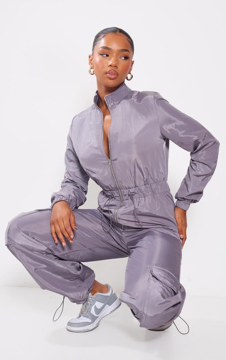 Light Grey Zip Up Toggle Wide Leg Jumpsuit Product Image