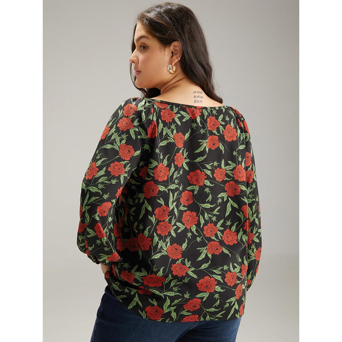 Plus Size BlackFlower Floral Print Notched Lantern Sleeve Blouse Women Elegant Long Sleeve Square Neck Dailywear Blouses BloomChic 22-24/3X Product Image