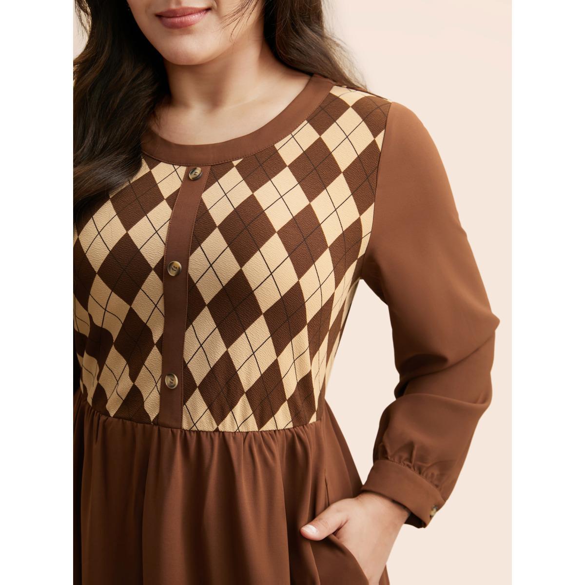 Plus Size Geometric Crew Neck Button Detail Dress Browncoffeecolor Women Elegant Patchwork Round Neck Long Sleeve Curvy BloomChic 28/5X Product Image
