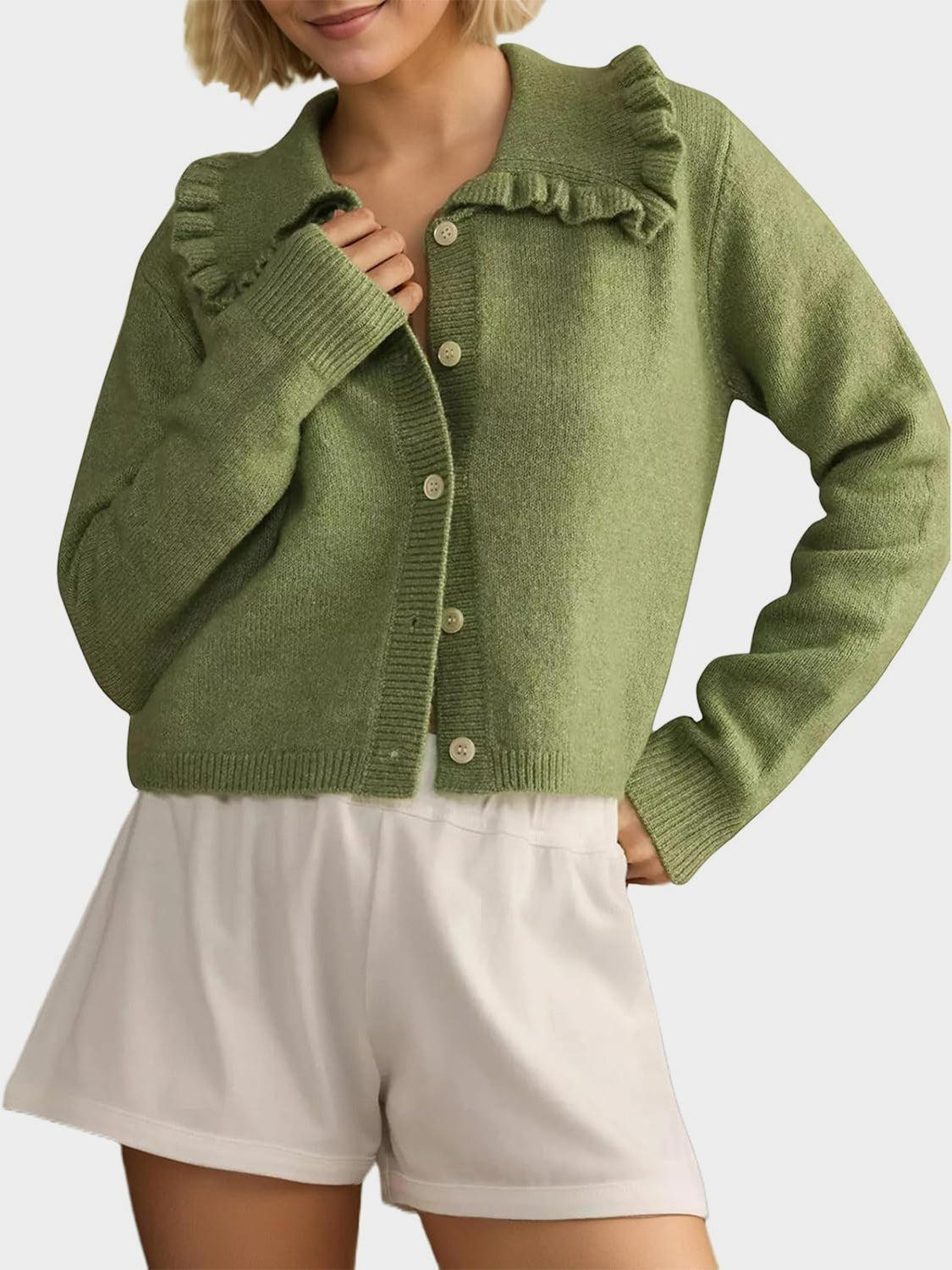 Frill Button Up Collared Neck Long Sleeve Cardigan Product Image