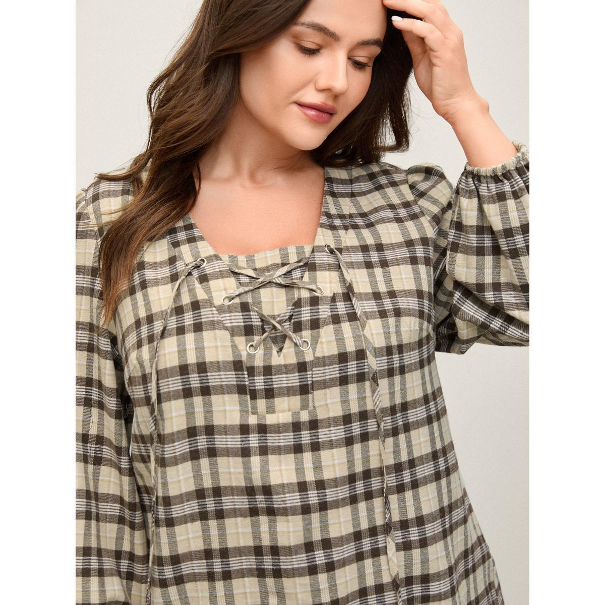 Plus Size DarkBrown Plaid Print Neck Tie-Up Blouse Women Long Sleeve V-neck Work Blouses BloomChic 18-20/2X Product Image