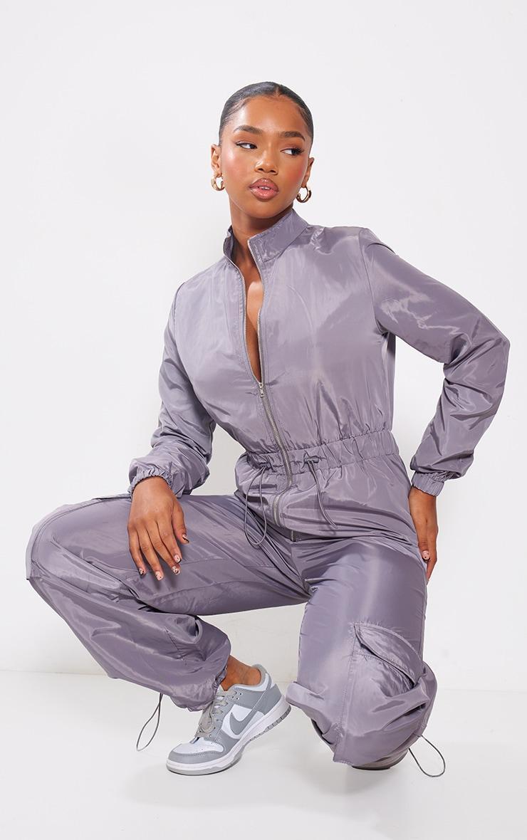 Light Grey Zip Up Toggle Wide Leg Jumpsuit Product Image