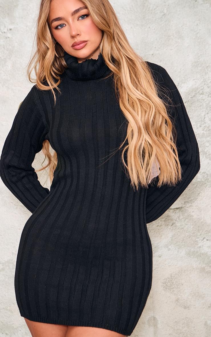 Black Knitted Roll Neck Sweater Dress Product Image