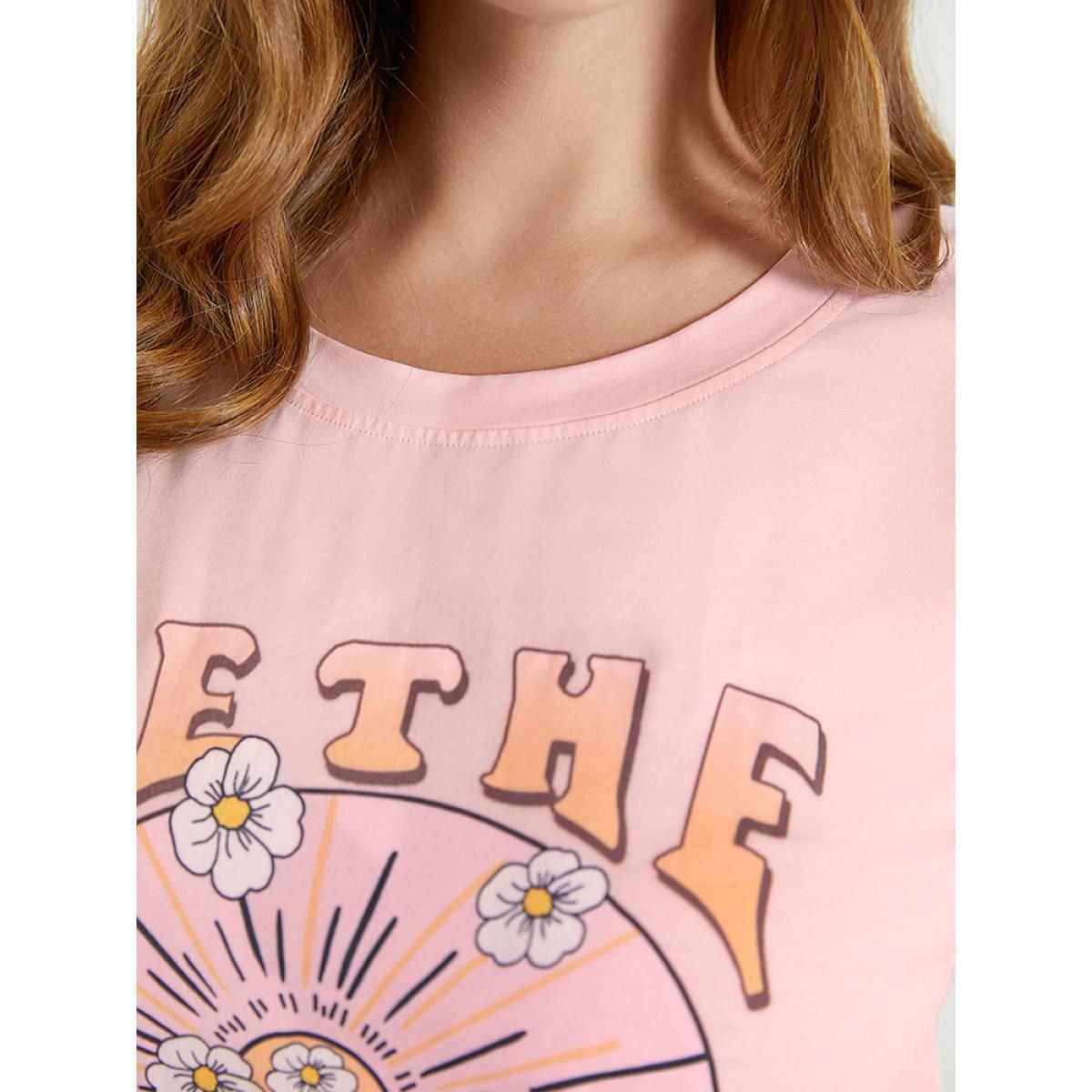 Plus Size Floral & Sun Print Round Neck Graphic Tee MistyRose Women Casual Art&design Dailywear T-shirts BloomChic 12/L Product Image