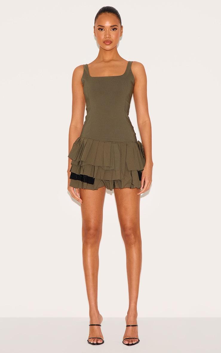 Khaki Stretch Woven Extreme Pleated Shift Dress Product Image