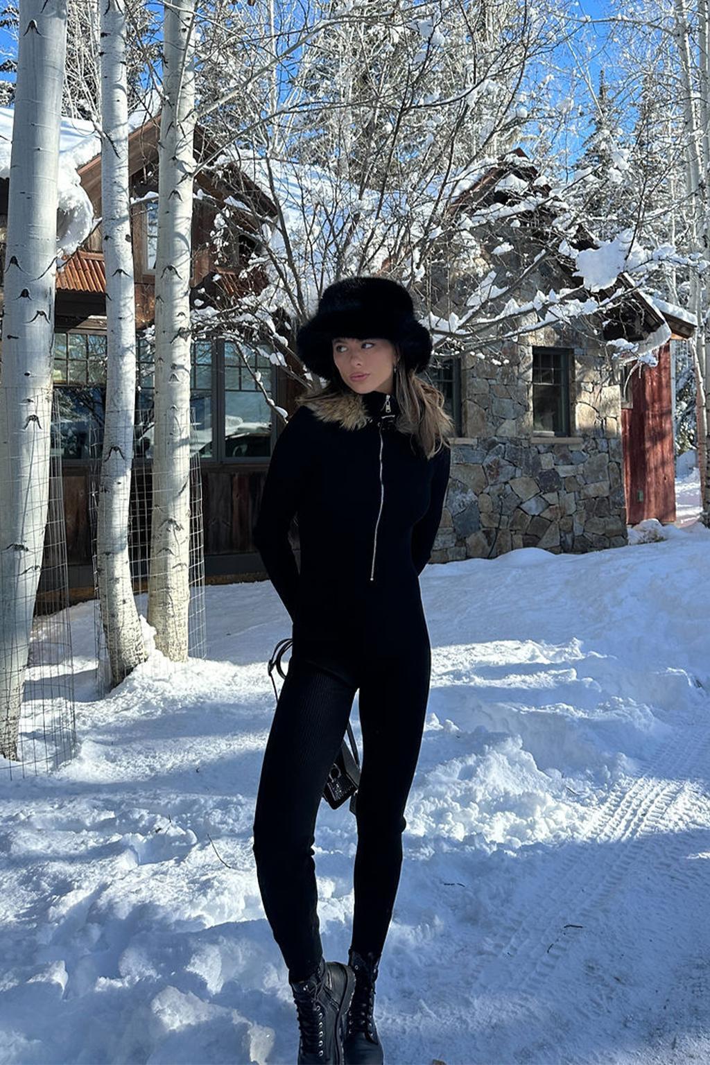 Apres Faux Fur Trimmed Black Ribbed Knit Jumpsuit Product Image