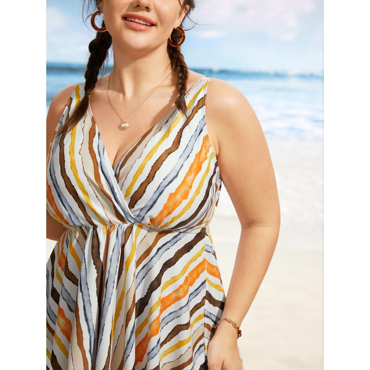 Plus Size Overlap Collar Striped Elastic Waist Swim Top Women's Swimwear Multicolor Beach Contrast High stretch Bodycon Overlap Collar Curve Swim Tops BloomChic 22-24/3X Product Image