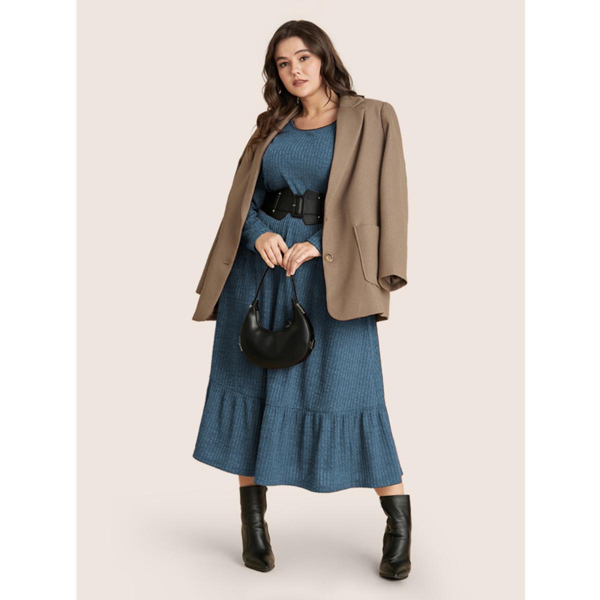 Plus Size Solid Pocket Rib Knit Ruffle Hem Dress Without Belt Stone Women Basics Non Round Neck Long Sleeve Curvy Midi Dress BloomChic 30/6X Product Image