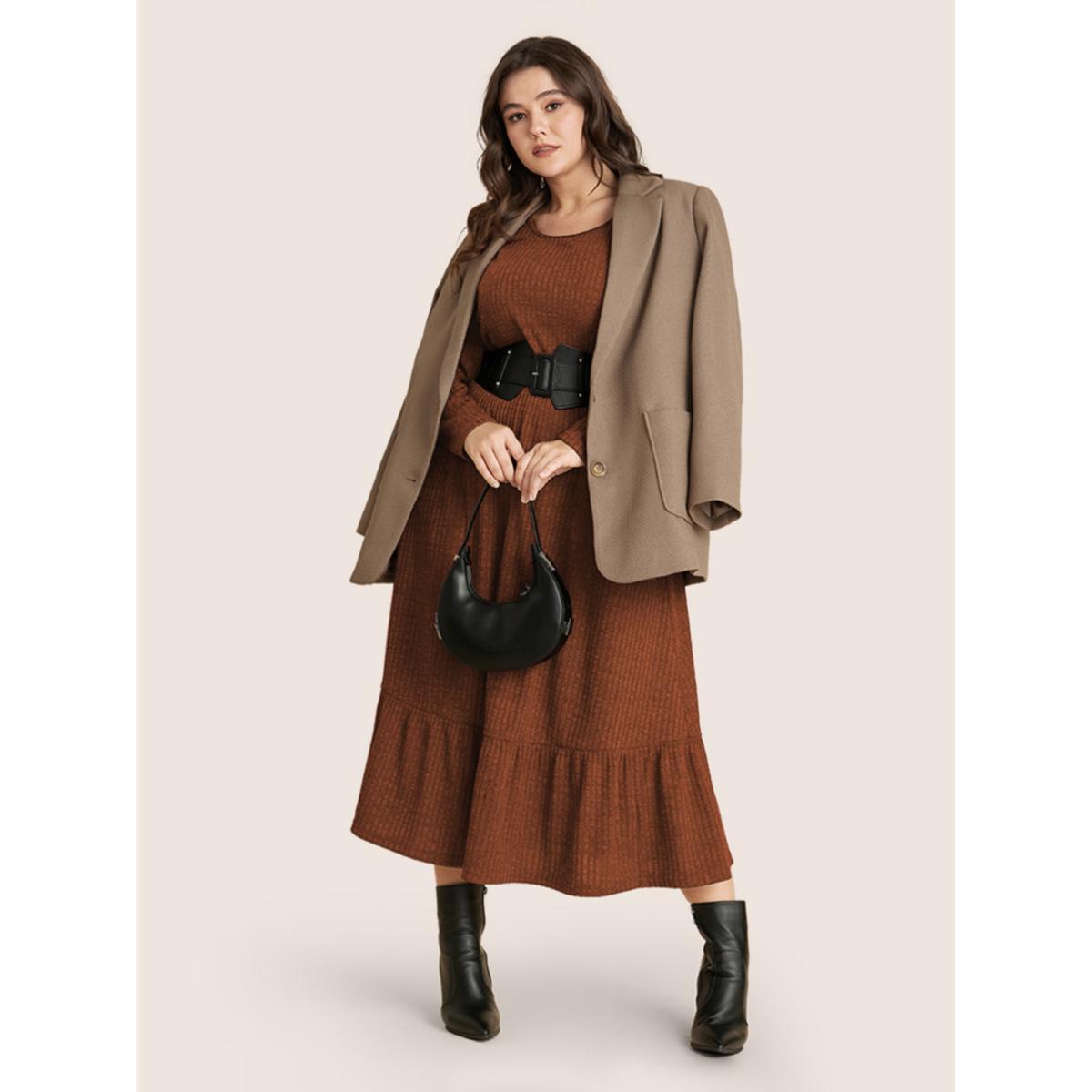 Plus Size Solid Pocket Rib Knit Ruffle Hem Dress Without Belt Coral Women Basics Non Round Neck Long Sleeve Curvy Midi Dress BloomChic 30/6X Product Image