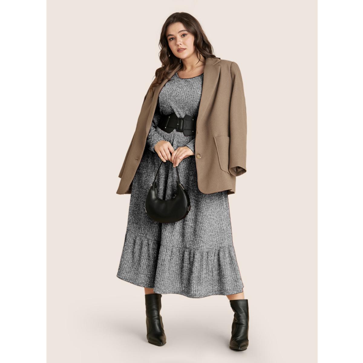 Plus Size Solid Pocket Rib Knit Ruffle Hem Dress Without Belt Mediumgray Women Basics Non Round Neck Long Sleeve Curvy Midi Dress BloomChic 26/4X Product Image