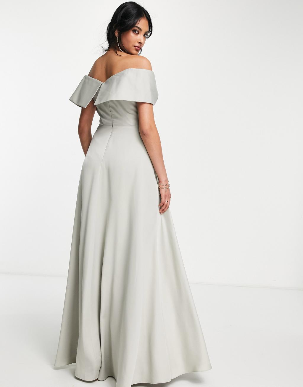 ASOS DESIGN Bridesmaid satin bardot maxi dress with full skirt in sage green Product Image