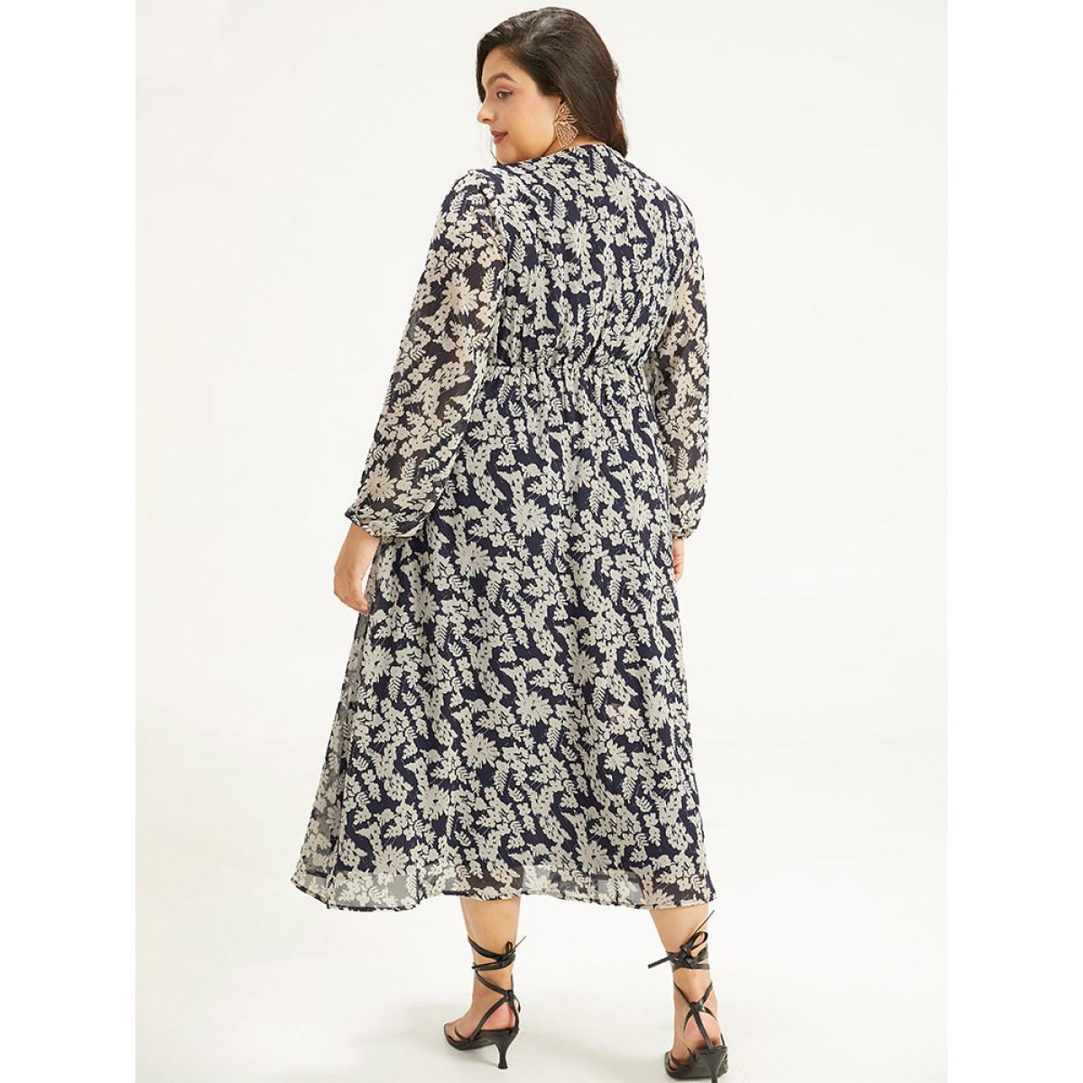 Plus Size Silhouette Floral Print Lantern Sleeve Dress DarkBlue Women Elegant Elastic cuffs V-neck Long Sleeve Curvy Midi Dress BloomChic 12/L Product Image