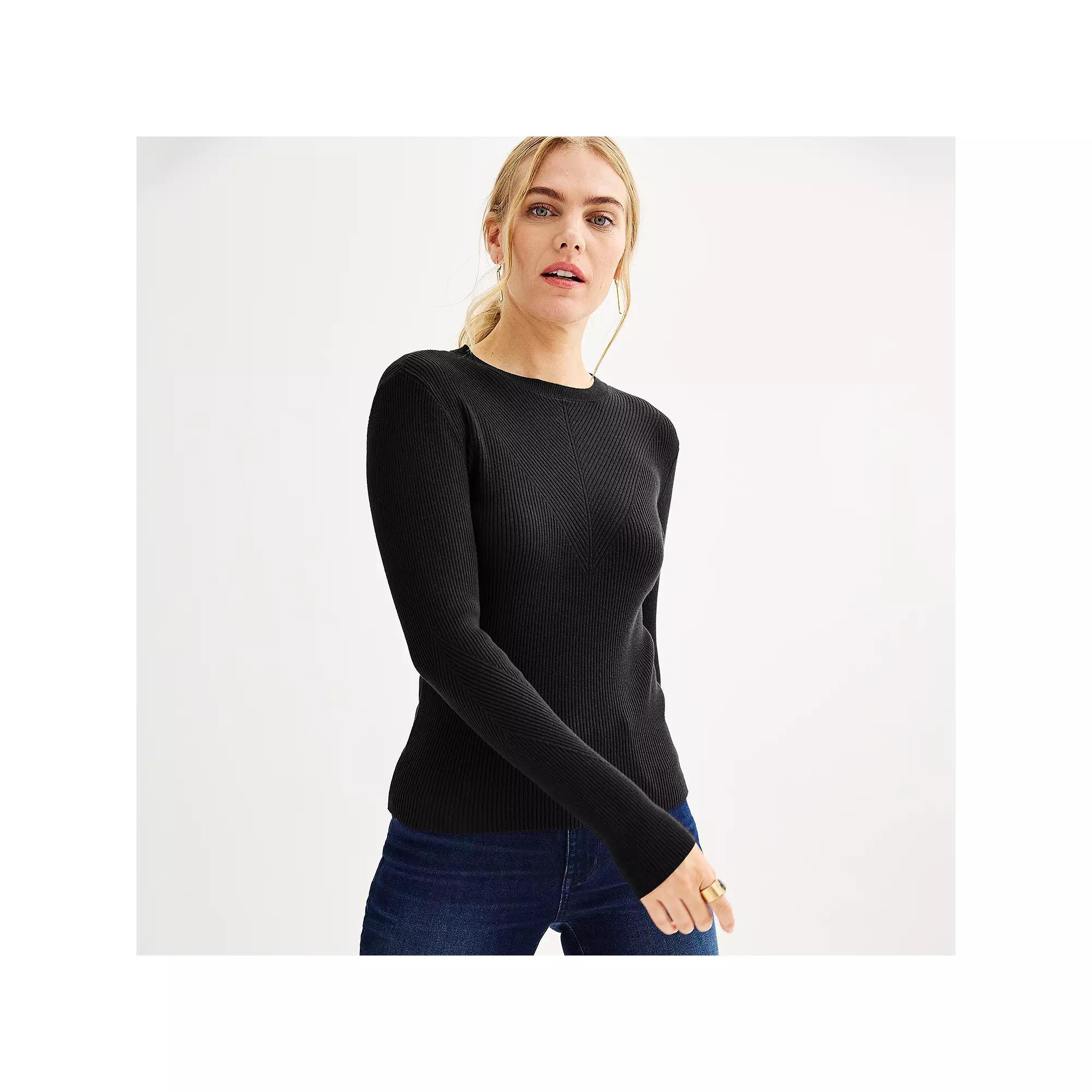 Petite Nine West Crewneck Rib Pullover, Women's, Size: XXL Petite, Mineral Black Product Image