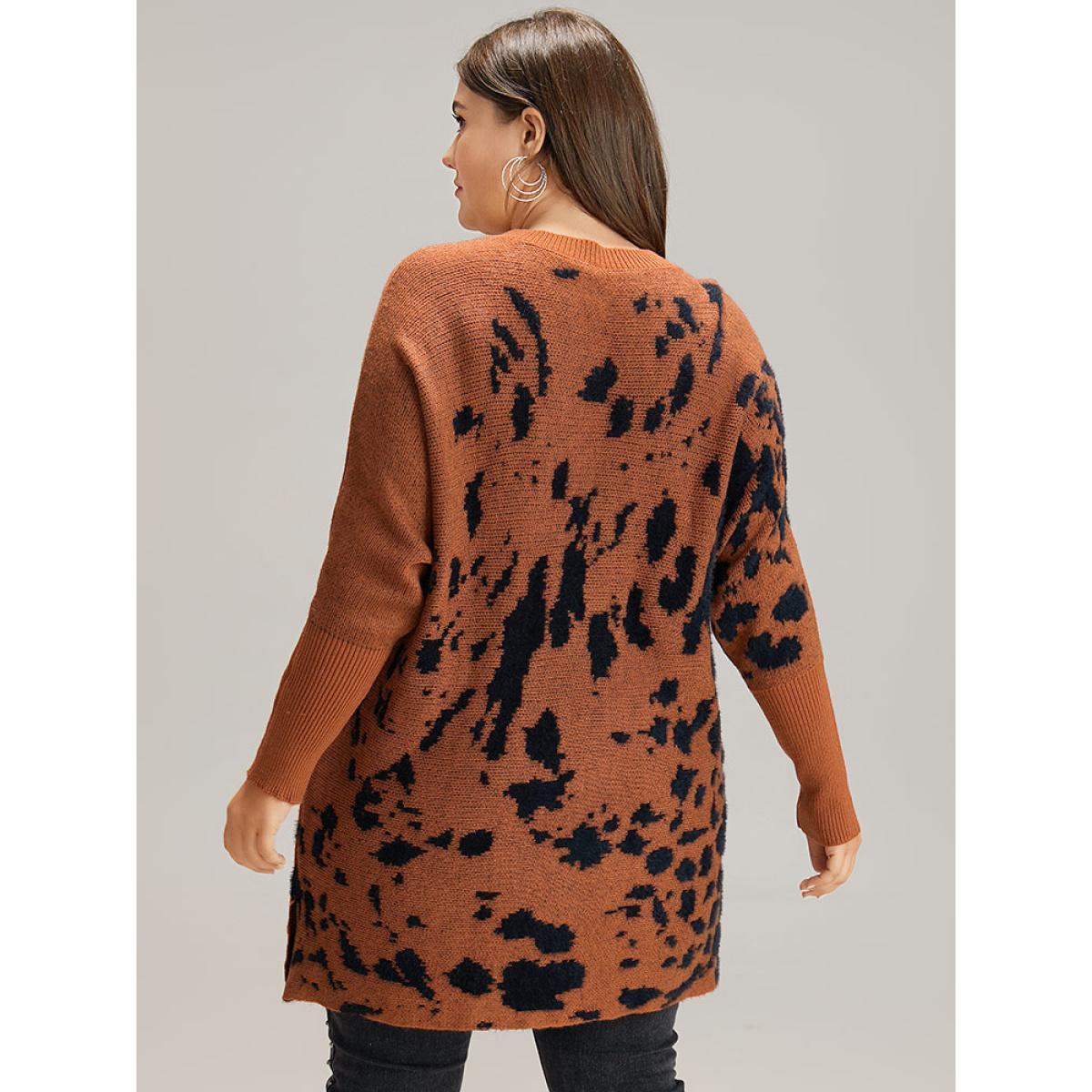 Plus Size Leopard Batwing Sleeve Split Hem Pullover Rust Women Casual Loose Long Sleeve Round Neck Dailywear Pullovers BloomChic 18-20/2X Product Image