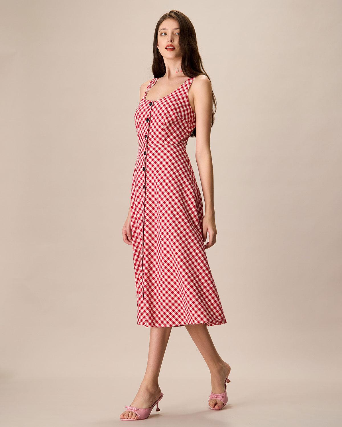 Women's Red U-Neck Plaid Midi Dress Female Product Image