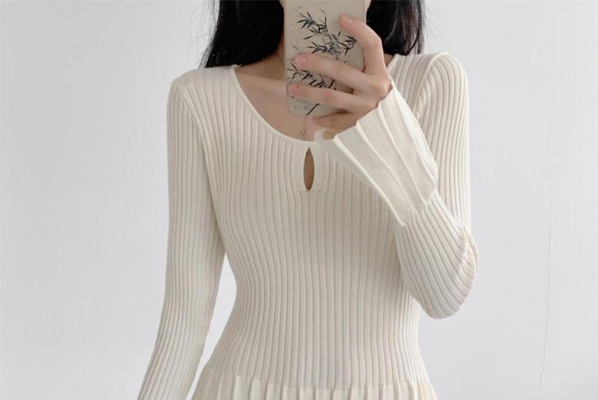 Long-Sleeve Plain Ribbed Keyhole Mini Knit Dress Product Image