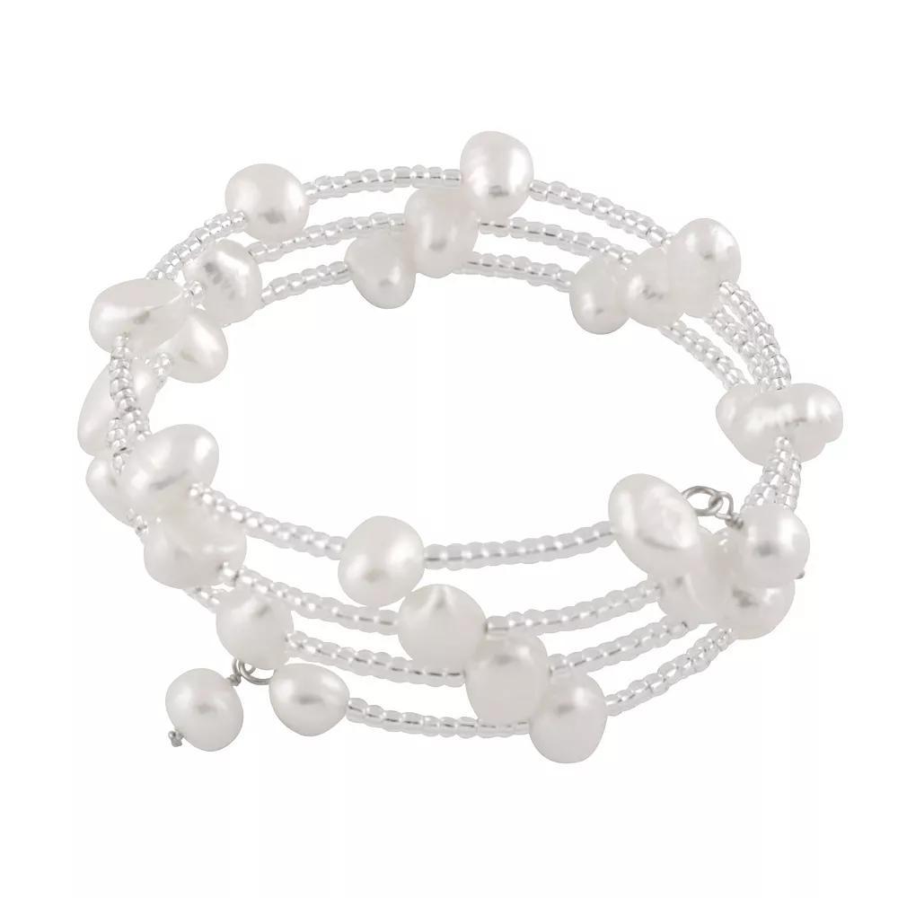 Freshwater Cultured Pearl Triple Row Coil Bangle Bracelet, Women's, Size: 7.25", White Product Image