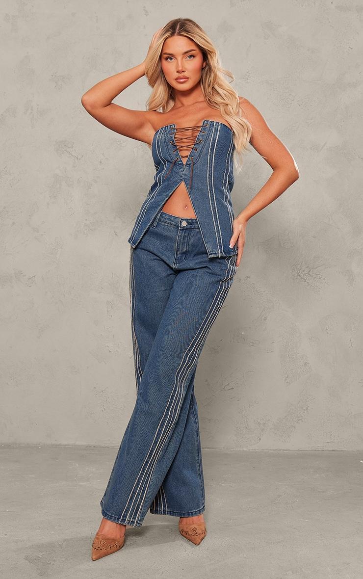 Indigo Raw Stripe Detail Lace Up Corset Top Product Image