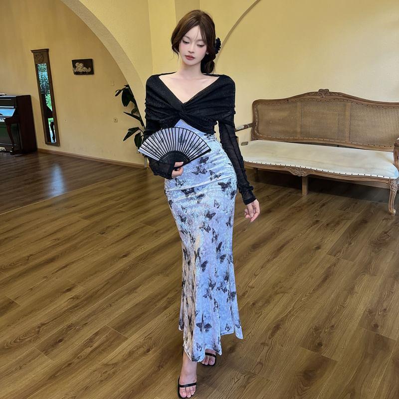 Long-Sleeve V-Neck Butterfly Print Panel Midi Sheath Dress Product Image