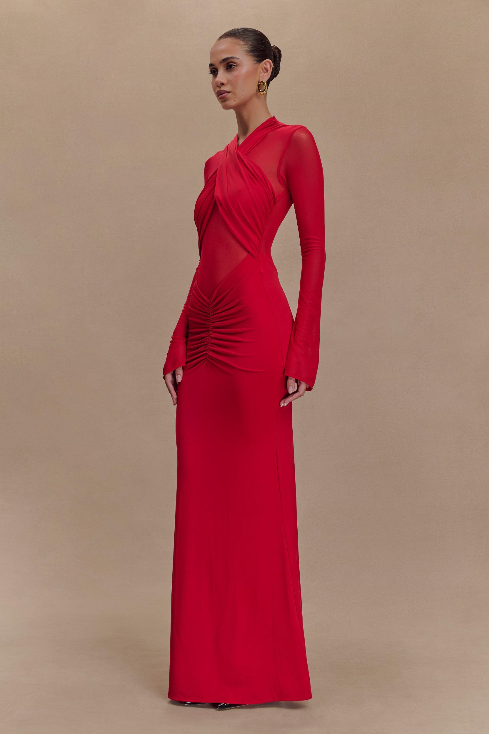 Tania Slinky And Mesh Long Sleeve Maxi Dress - Ruby Product Image