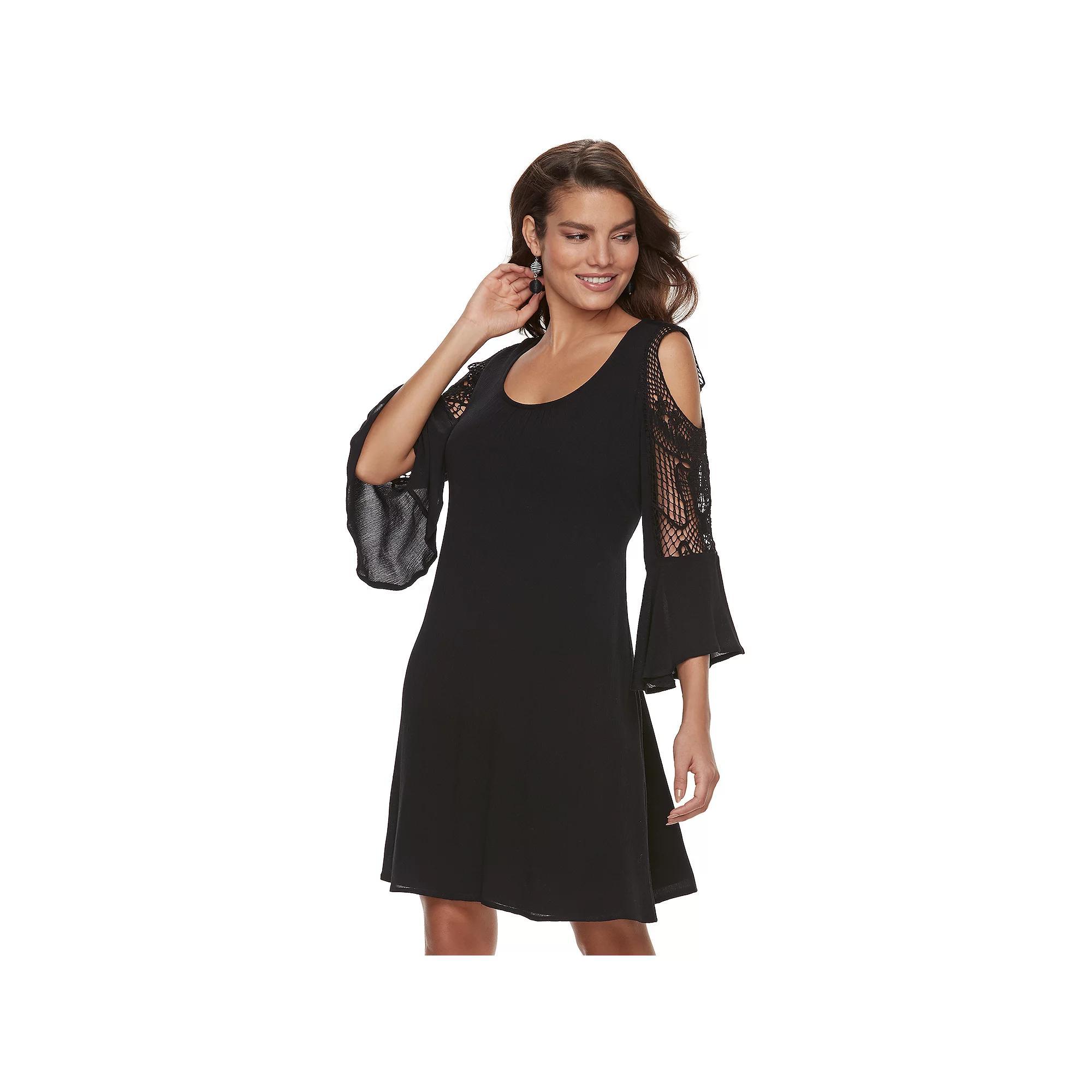 Women's Nina Leonard Crochet Cold-Shoulder Swing Dress, Size: Small, Black Product Image