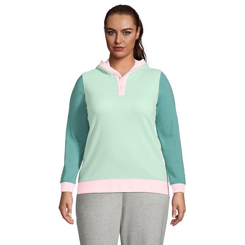 Plus Size Lands' End Serious Sweats Long Sleeve Button Hoodie, Women's, Size: 1XL, Turquoise Colorblock Product Image