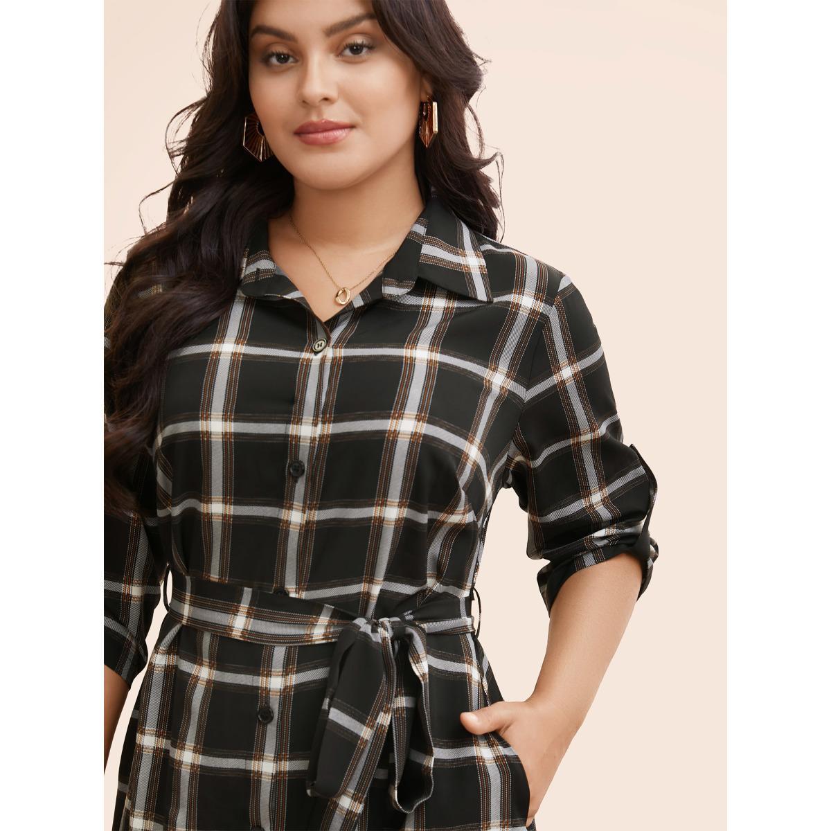 Plus Size Plaid Shirt Collar Belted Tab Sleeve Dress Black Women Elegant Belted Shirt collar Elbow-length sleeve Curvy BloomChic 14-16/1X Product Image