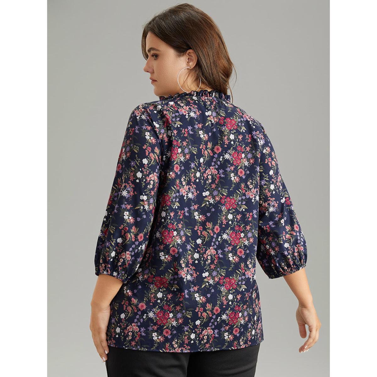 Plus Size Indigo Ditsy Floral Tie Neck Elastic Cuffs Blouse Women Elegant Elbow-length sleeve Tie Neck Dailywear Blouses BloomChic 14-16/1X Product Image