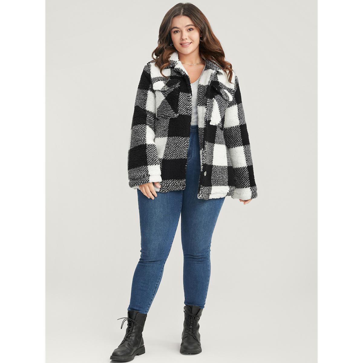 Plus Size Plaid Flap Pocket Button Front Coat Women Black Casual Button Ladies Dailywear Winter Coats BloomChic 30/6X Product Image