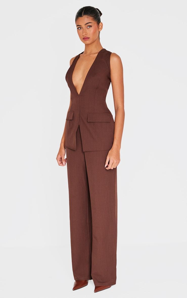 Dark Chocolate Structured Woven Vest Detail Straight Leg Jumpsuit Product Image