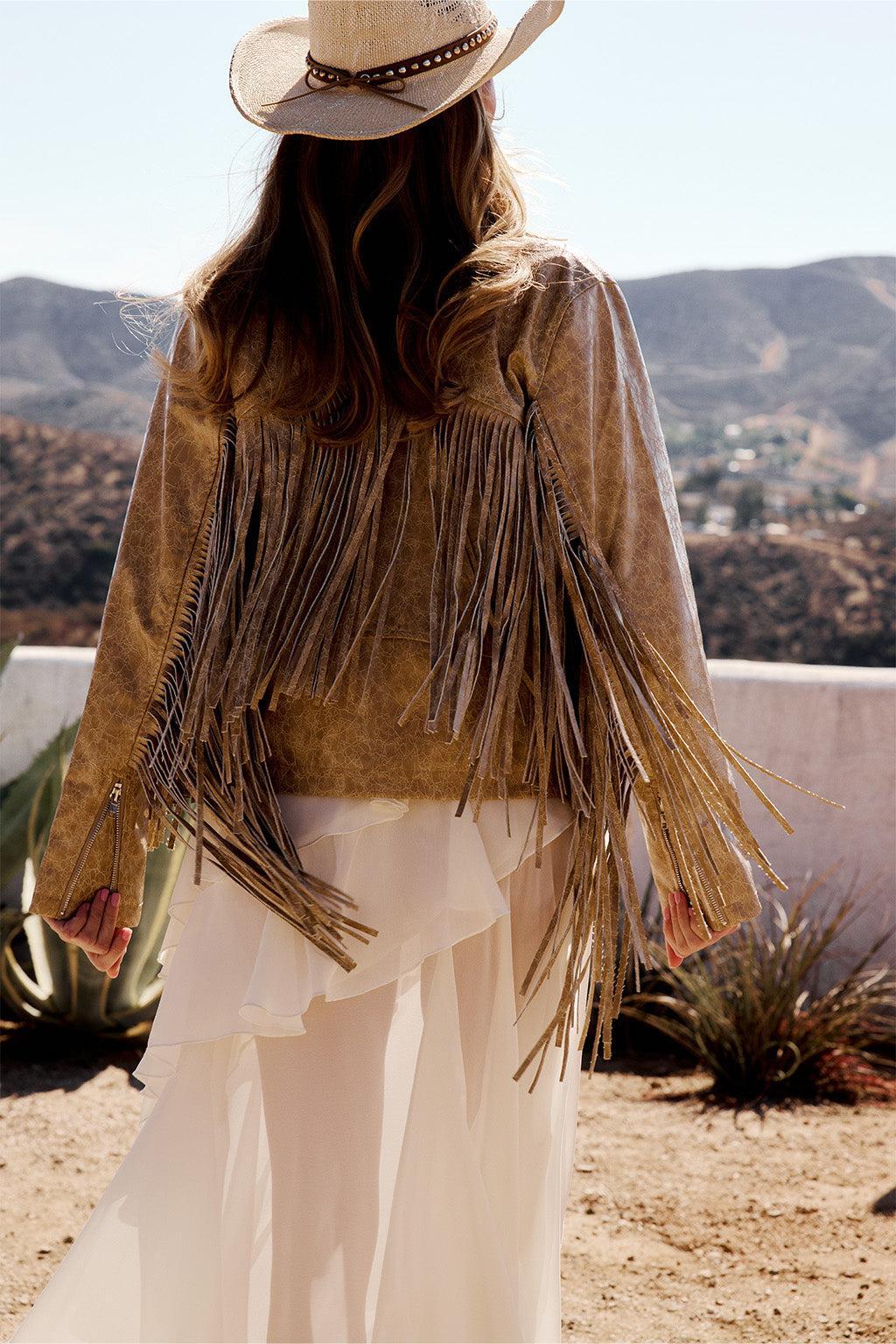Phoenix Taupe Vegan Leather Moto Fringe Jacket Product Image