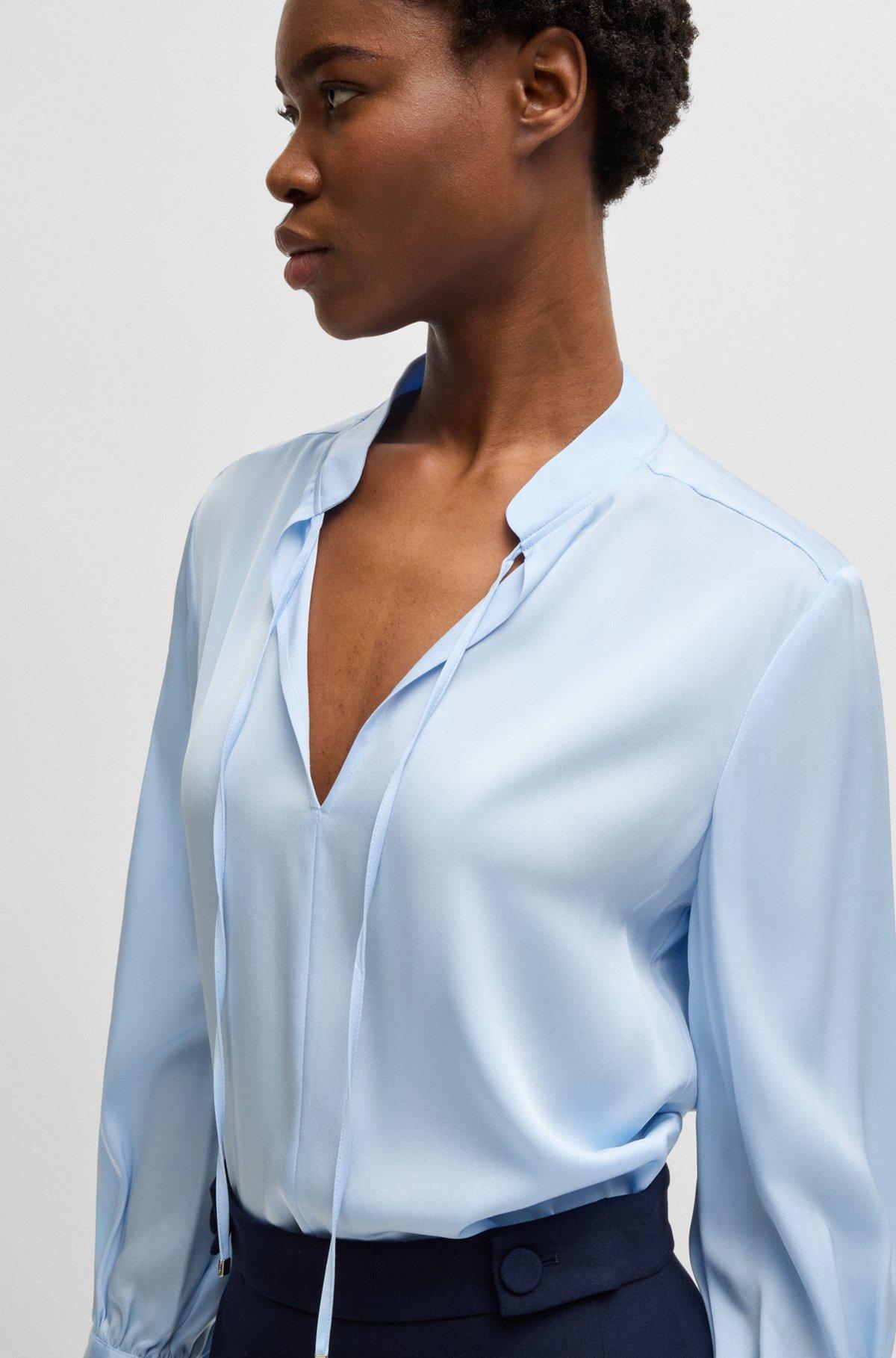 BOSS - Relaxed-fit blouse in stretch silk with keyhole neckline - Light Blue Product Image