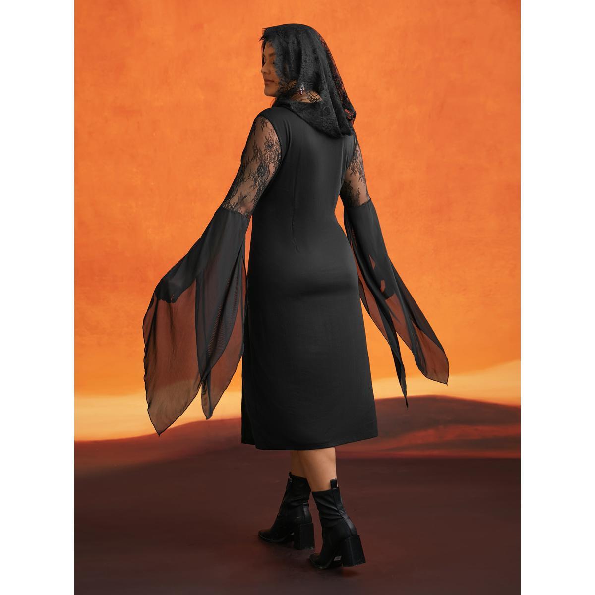Plus Size Dark Spell Veiled Lace Midi Dress Black Women Cocktail Wraparound straps Round Neck Extra Long Sleeve Curvy BloomChic 28/5X Product Image