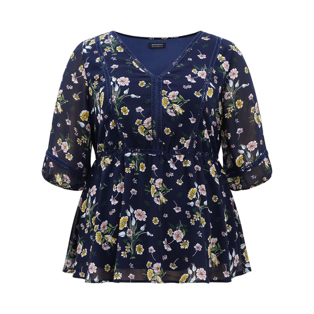 Plus Size Indigo Floral Print V Neck Guipure Lace Mesh Lantern Sleeve Blouse Women Elegant Elbow-length sleeve V-neck Dailywear Blouses BloomChic 10/M Product Image
