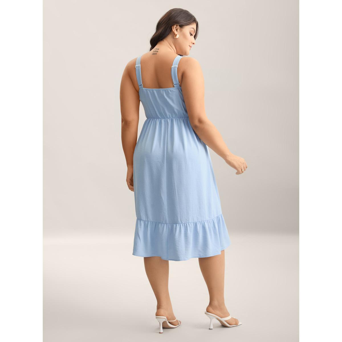Plus Size Shirred Adjustable Straps Tiered Midi Dress LightBlue Women Non Sleeveless Curvy BloomChic 26/4X Product Image