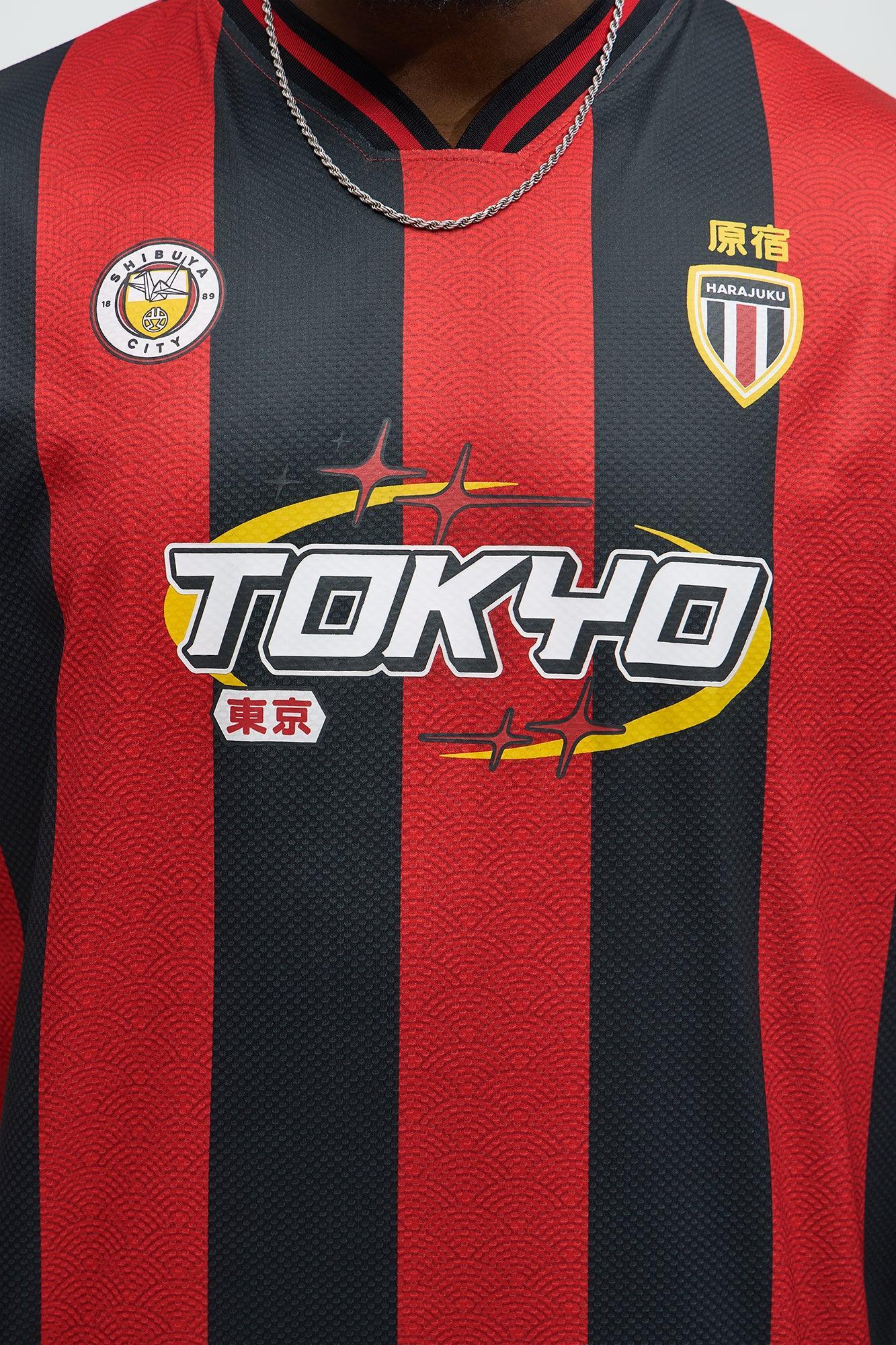 Tokyo Striped Short Sleeve Soccer Jersey - Red/Black Product Image