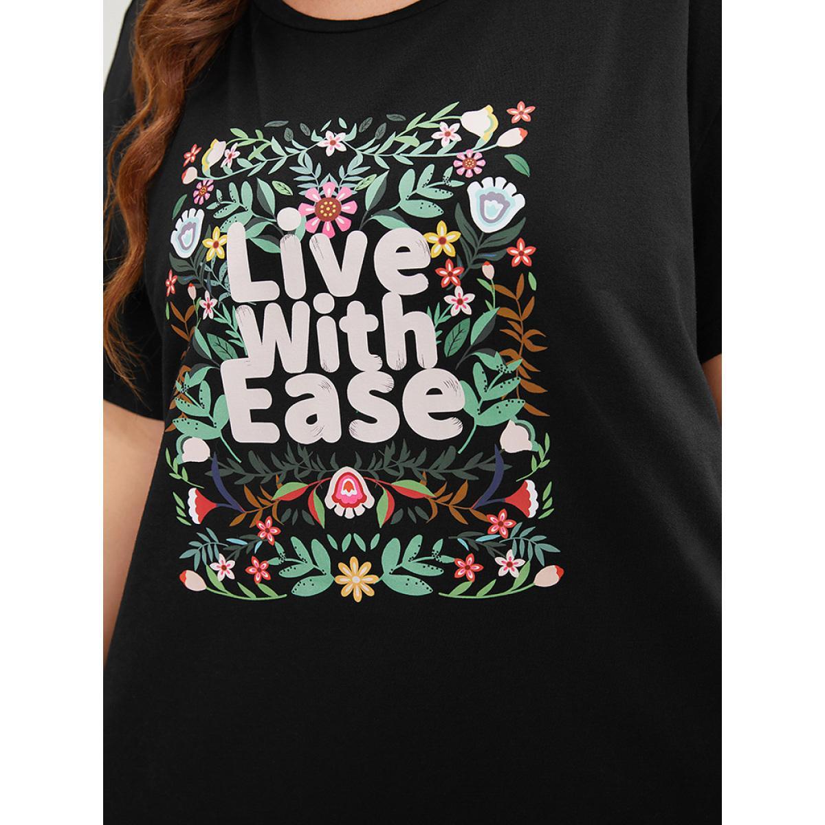 Plus Size Floral & Slogan Print Slightly Stretchy Casual T-shirt Black Women Casual Plain Natural Flowers Dailywear T-shirts BloomChic 10/M Product Image