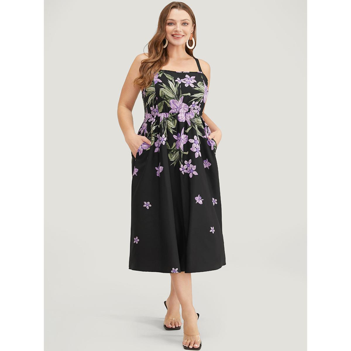 Plus Size Floral Pocket Adjustable Straps Ruffle Hem Cami Dress Black Women Elegant Adjustable Straps Spaghetti Strap Sleeveless Curvy Midi Dress BloomChic 12/L Product Image