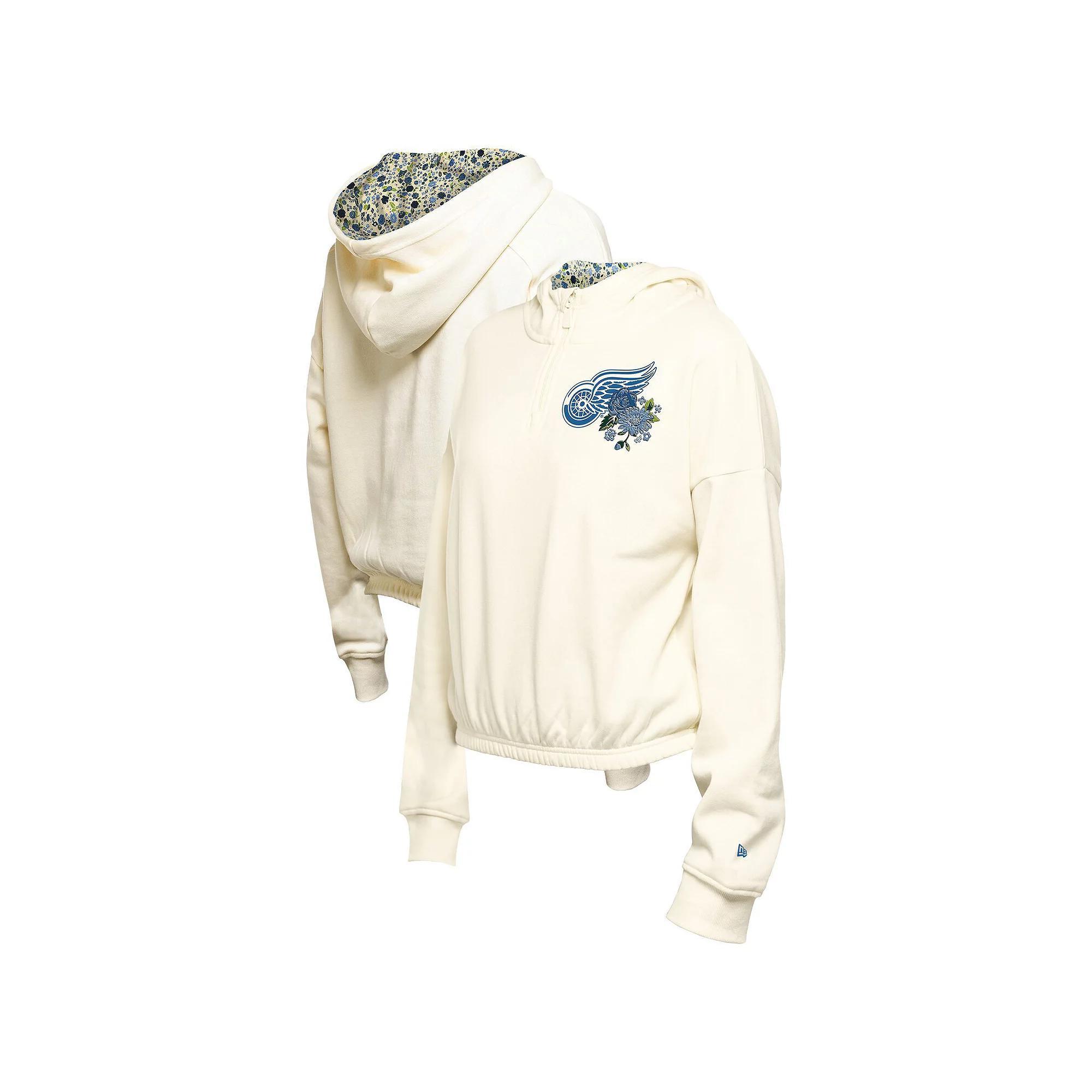 Women's New Era Cream Detroit Red Wings Glam Game Quarter-Zip Cropped Floral Hoodie Pullover, Size: Small, Beige Product Image