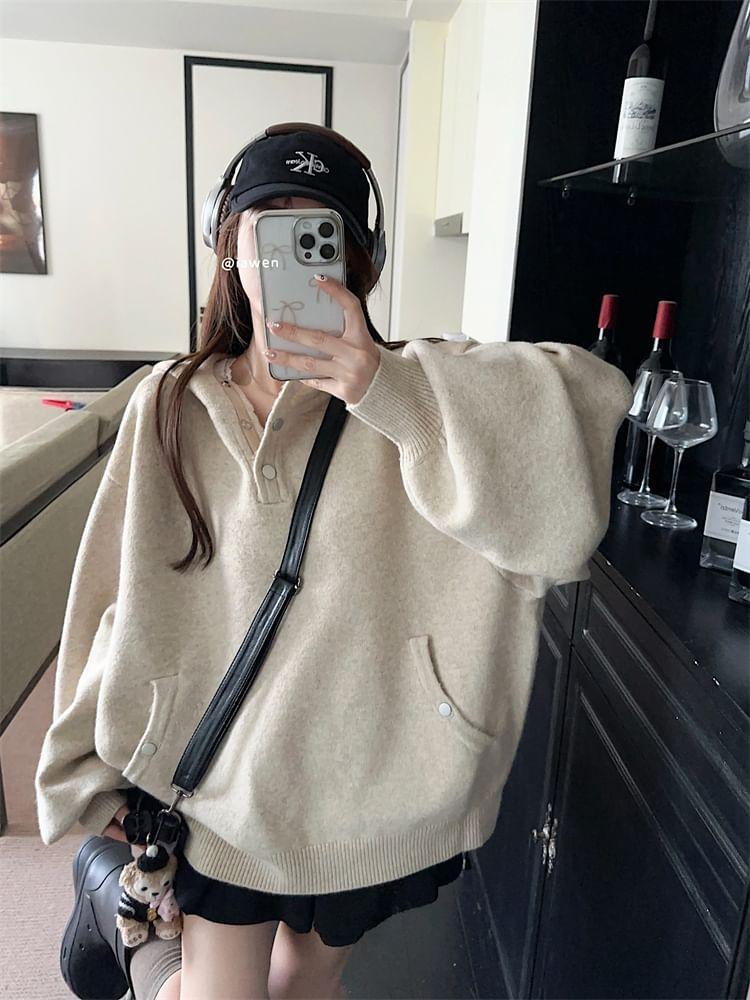 Plain Snap Button Knit Hoodie Product Image