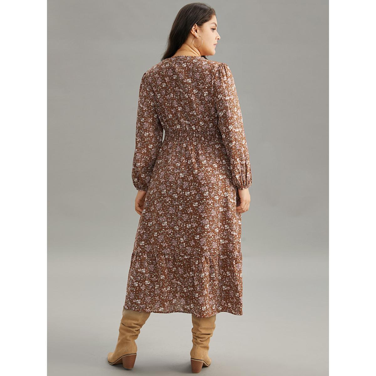 Plus Size Ditsy Floral Notched Flutter Hem Dress Chocolate Women Elegant Elastic cuffs Notched collar Long Sleeve Curvy Midi Dress BloomChic 18-20/2X Product Image