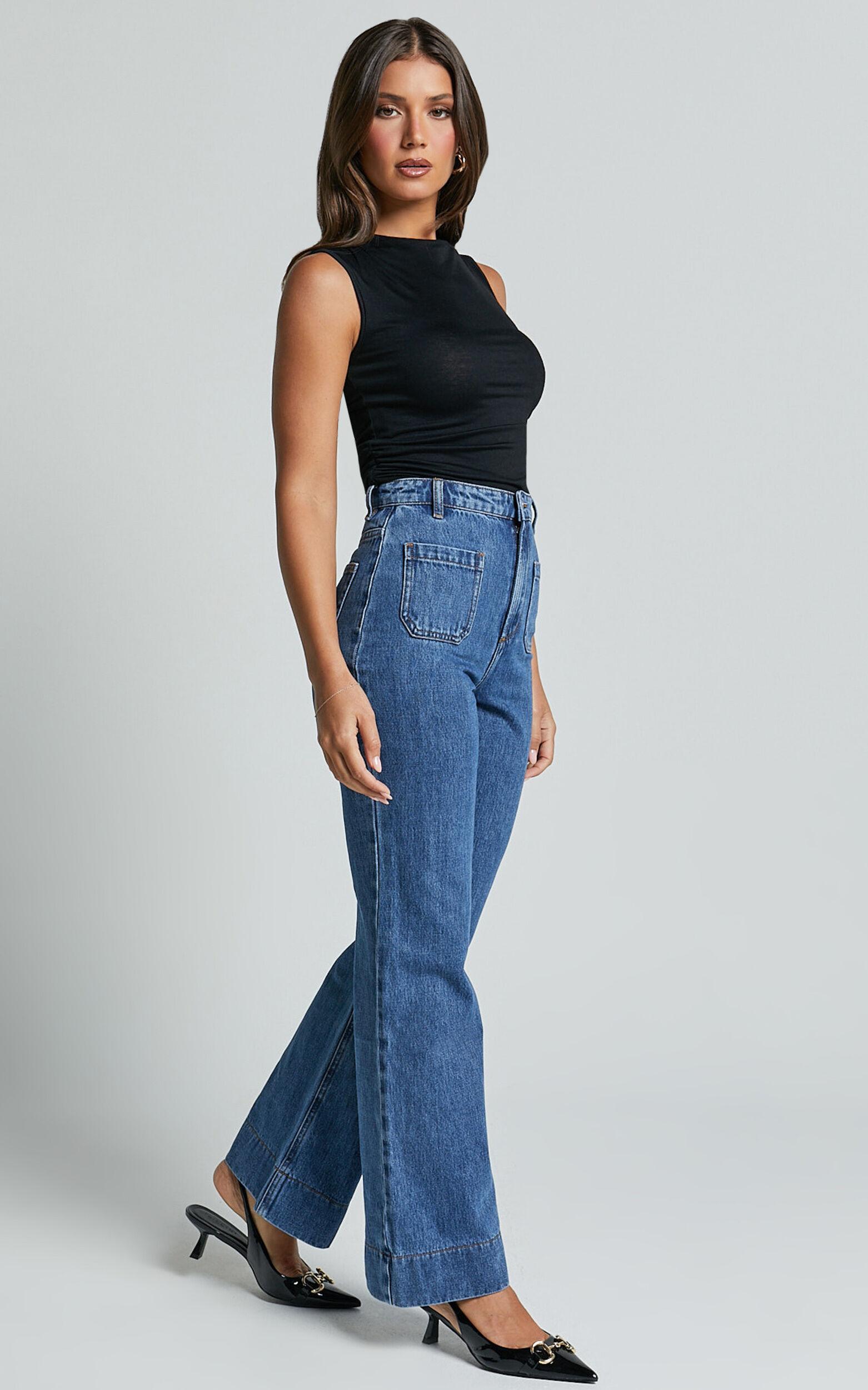 Vancouver Jeans - High Waist Straight Leg Patch Pocket Denim Jeans in Mid Blue Wash Product Image