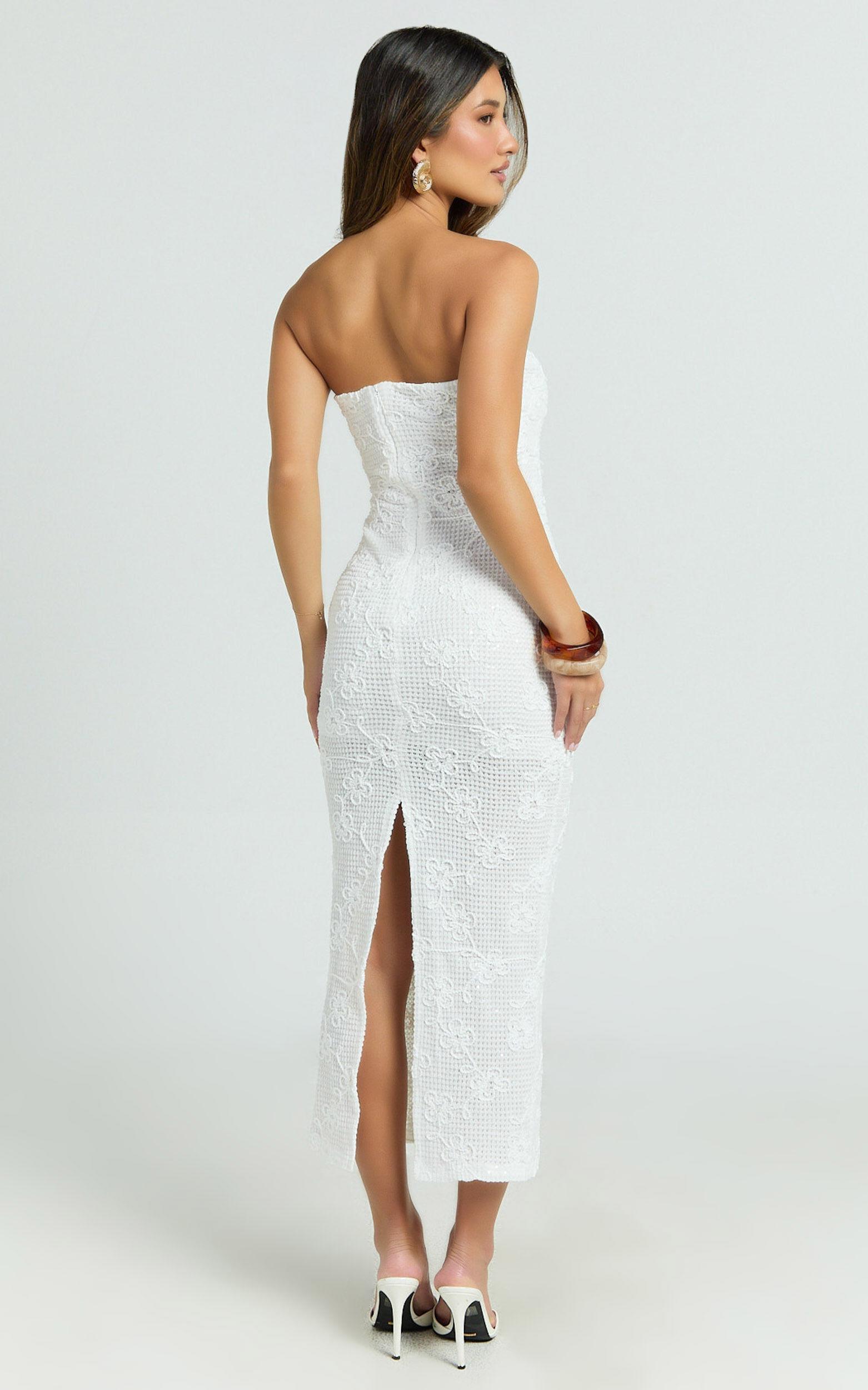 Jamil Midi Dress - Strapless Fitted Jersey Dress in White Product Image