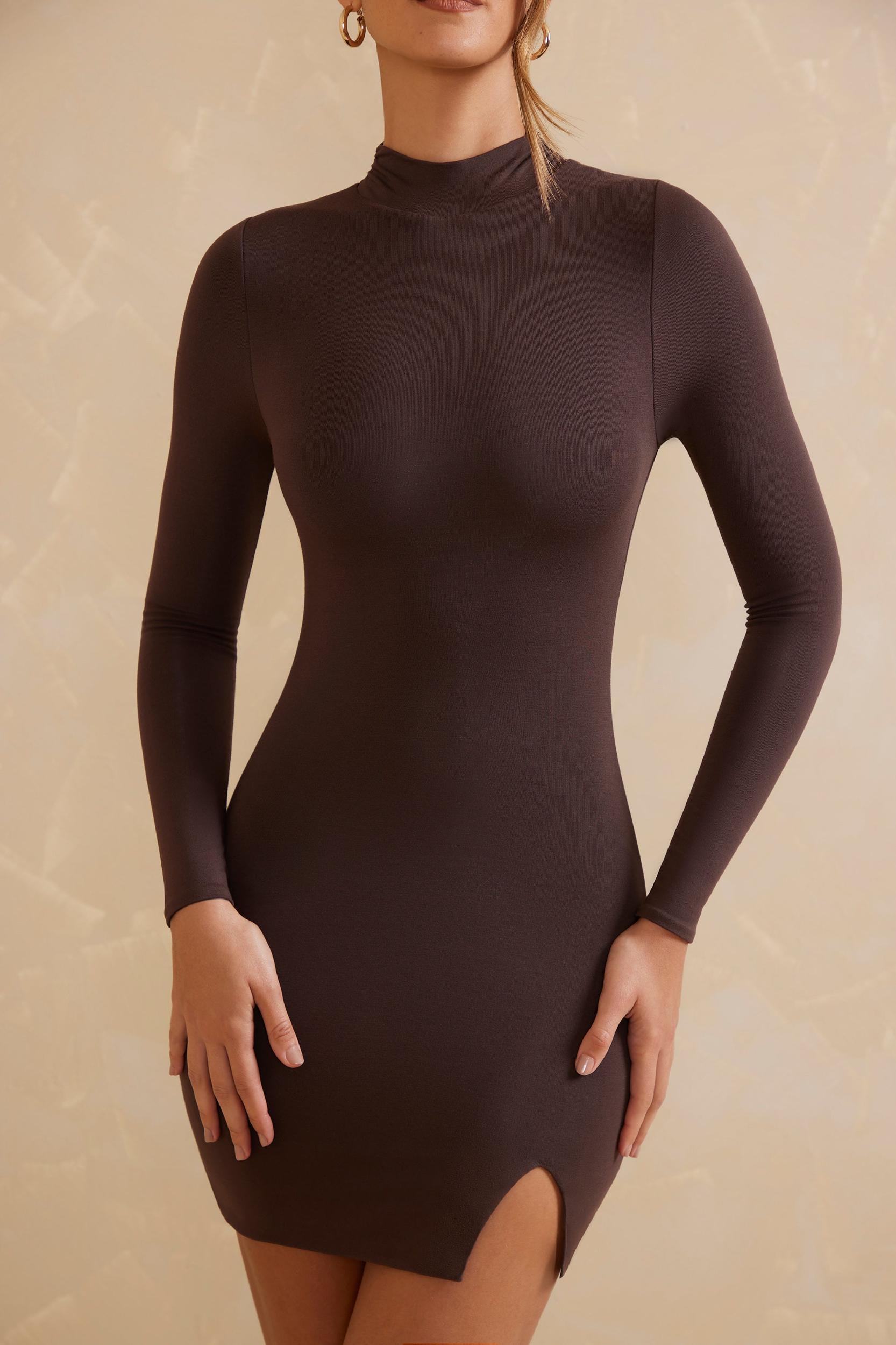 High Neck Long Sleeve Mini Dress in Chocolate Product Image
