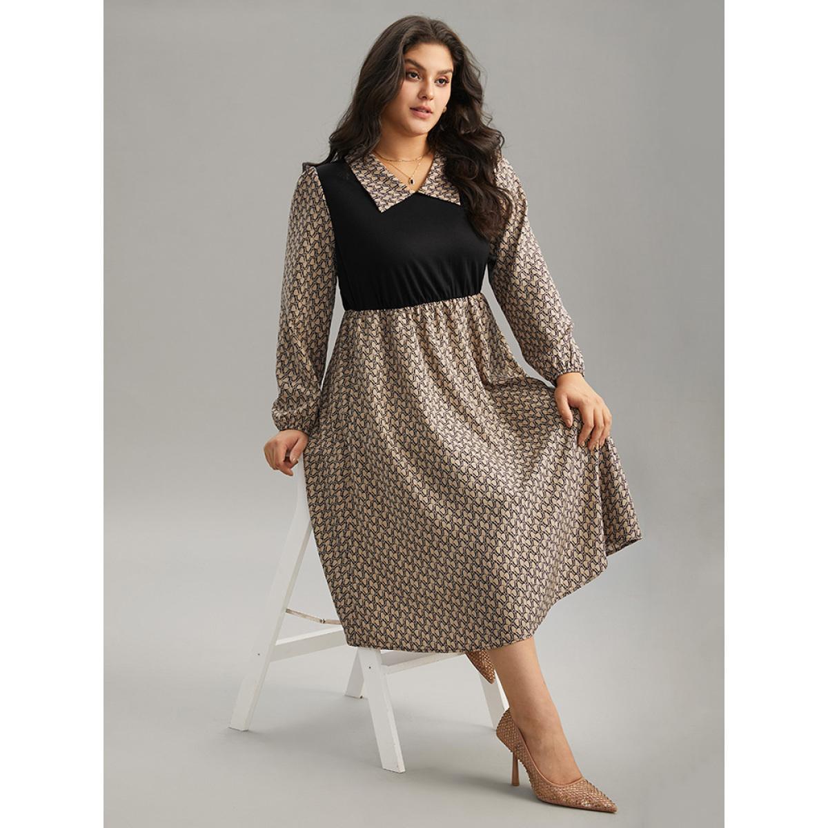 Plus Size Geometric Patchwork Lapel Collar Lantern Sleeve Dress Tan Women Office Elastic cuffs Lapel Collar Long Sleeve Curvy Midi Dress BloomChic 26/4X Product Image