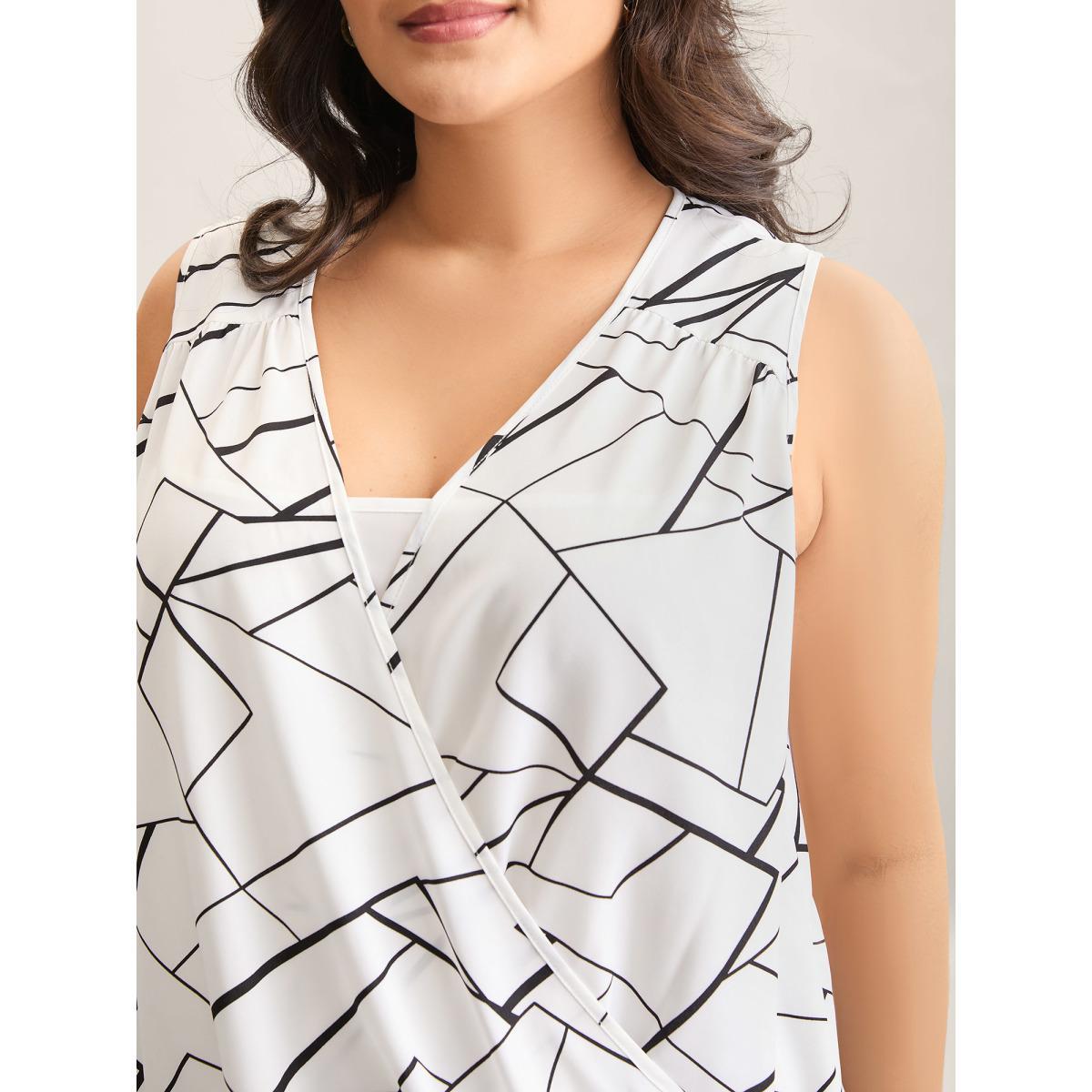 Plus Size Abstract Print Wrap Curvy Hem Tank Top Women Ivory Overlapping V-neck Work Tank Tops Camis BloomChic 14-16/1X Product Image